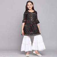 Curly Tales Girls Foil Printed Kurta And Sharara Sets  - Black, , 13-14 Years