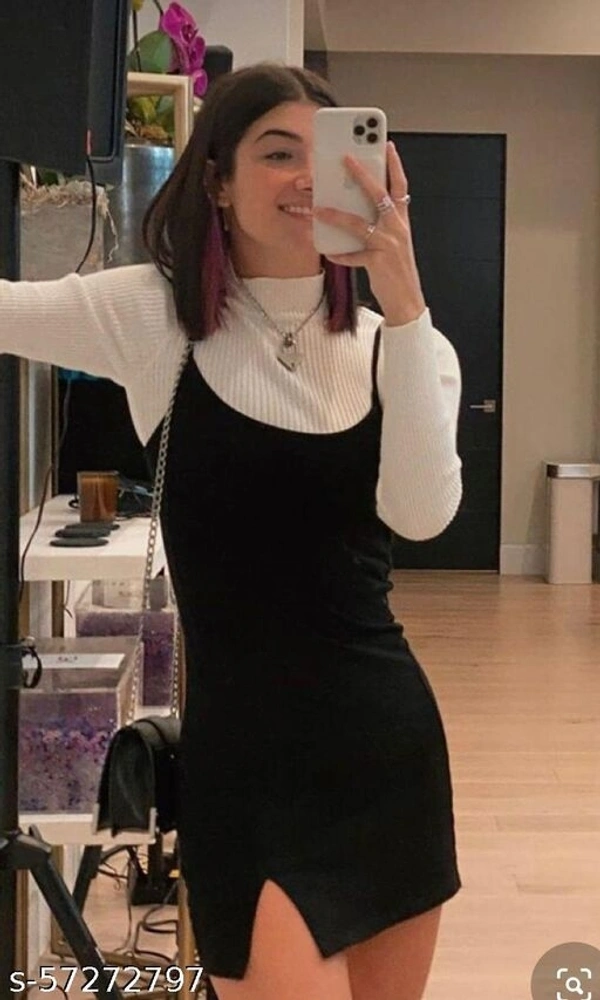 Premium combo of Double high neck top and black side cut dress - M