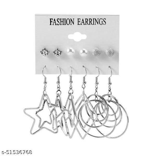 Destiny Jewels Women's Earrings Set Fashion Pearl Geometric Star Crystal Stud Earrings Silver Combo of 6 - Free Size 