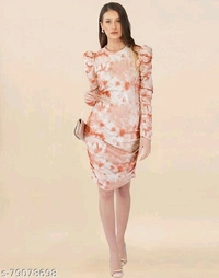 Lycra Printed Peach Western Dresses  - S