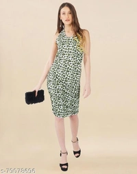 Lycra Printed Green & White Western Dresses  - S