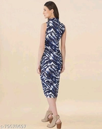 Lycra Printed Dark Blue Western Dress  - S