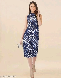 Lycra Printed Dark Blue Western Dress  - S