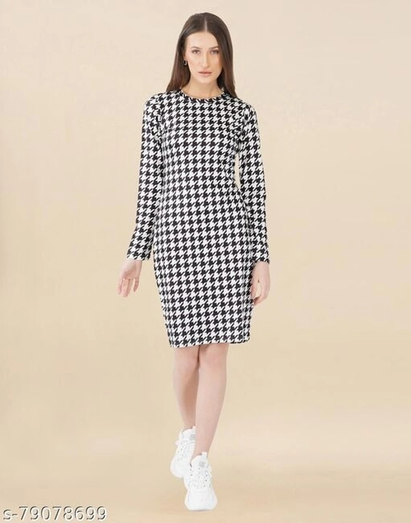 Lycra Printed Black & White Western Dresses  - S