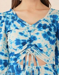 Lycra Printed Sky Blue Western Dress  - M