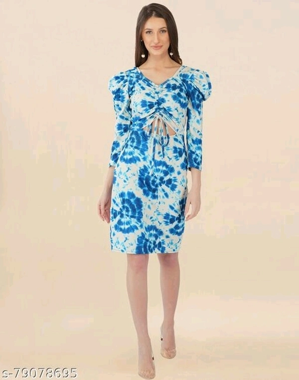 Lycra Printed Sky Blue Western Dress  - L