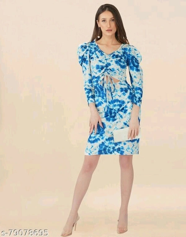 Lycra Printed Sky Blue Western Dress  - L