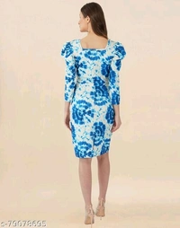 Lycra Printed Sky Blue Western Dress  - L