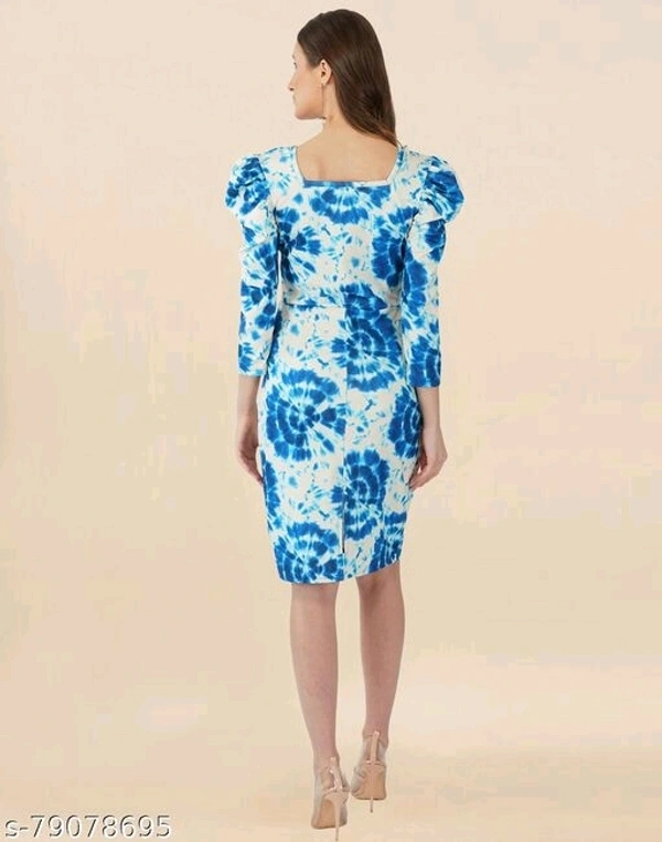 Lycra Printed Sky Blue Western Dress  - L