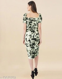Lycra Printed Green Western Dress  - M