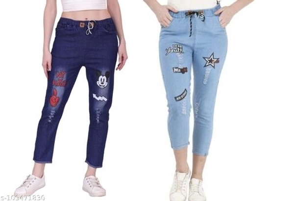 Women Denim Jeans Jogger Elastic Waist Drawstring Stretch Side Pockets Bang Dark and Star Light  Jeans  Pack Of 2 - 26