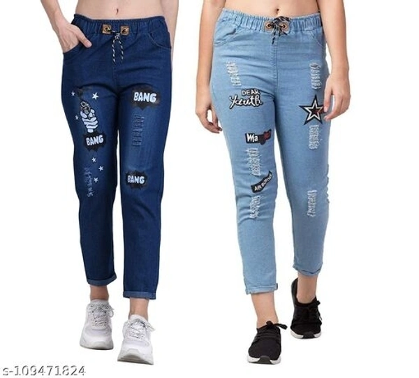 Women Denim Jeans Jogger Elastic Waist Drawstring Stretch Side Pockets Mickey Dark and Star Light  Jeans  Pack Of 2 - 26