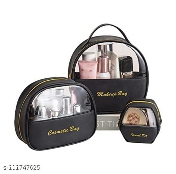 PU Leather Multifunctional Cosmetic Makeup Bag Storage Organizer Travel Toiletry Vanity Bag with Compartment - Pack of 3 - Free Size 