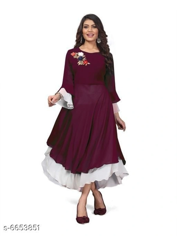 Women's Embroidered Georgette Anarkali Kurti - Mehroon, XL