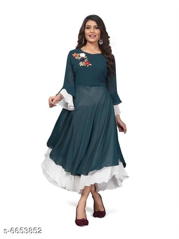 Women's Embroidered Georgette Anarkali Kurti - Dark Peacock Green, XL