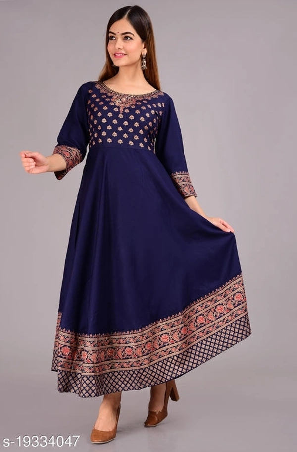Designer Anarkali printed kurti - Navy Blue, L