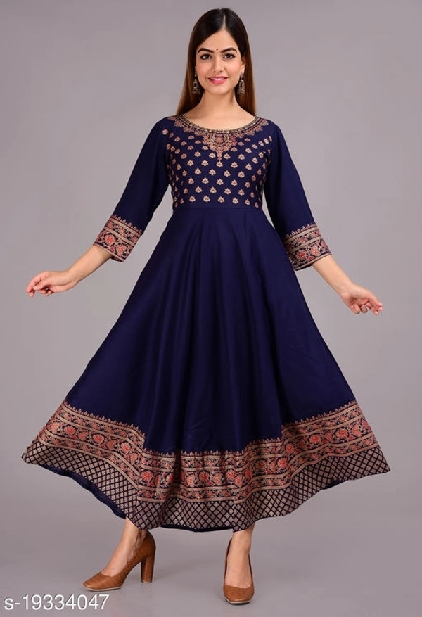 Designer Anarkali printed kurti - Navy Blue, XL