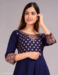 Designer Anarkali printed kurti - Navy Blue, XL