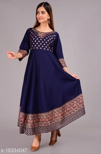 Designer Anarkali printed kurti - Navy Blue, XL