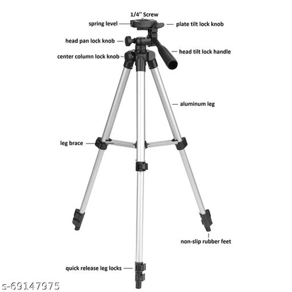 VA Adjustable Aluminium Alloy Tripod Stand Holder for Mobile Phones & Camera, 360 mm -1050 mm, 1/4 inch Screw + Mobile Holder Bracket - Free Size