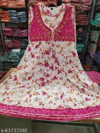 Ganesham Cotton Pink Flower Designer Kurta Set With Dupatta - L