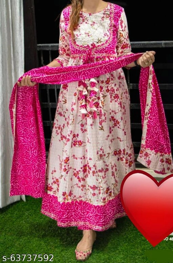 Ganesham Cotton Pink Flower Designer Kurta Set With Dupatta - XXL