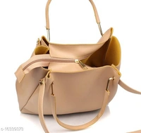 Stylish Women's Cream PU Handbag set - Golden, Free size