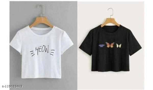 Printed Premium 170 gsm Cotton Crop top Combo set of 2 for Girls Ladies Womens - Whait Black, XL