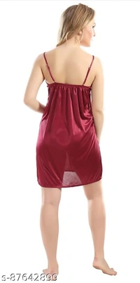 Jerry Nightwear Fancy Solid Satin Short Nighty with Shrug for Women (Maroon) - Marron, Free Size