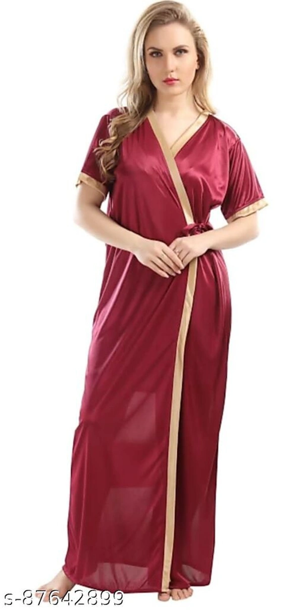 Jerry Nightwear Fancy Solid Satin Short Nighty with Shrug for Women (Maroon) - Marron, Free Size