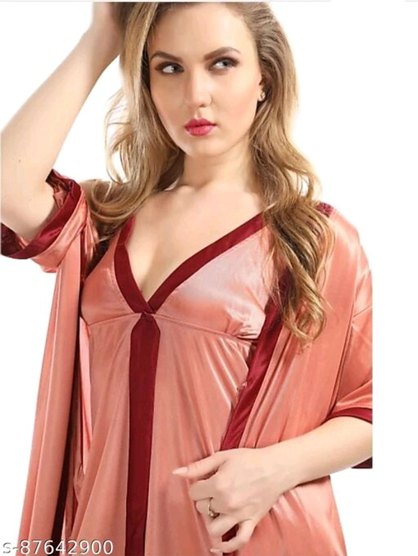 Jerry Nightwear Fancy Solid Satin Short Nighty with Shrug for Women (Maroon) - Salmon, Free Size