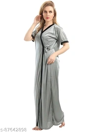 Jerry Nightwear Fancy Solid Satin Short Nighty with Shrug for Women (Maroon) - Grey, Free Size