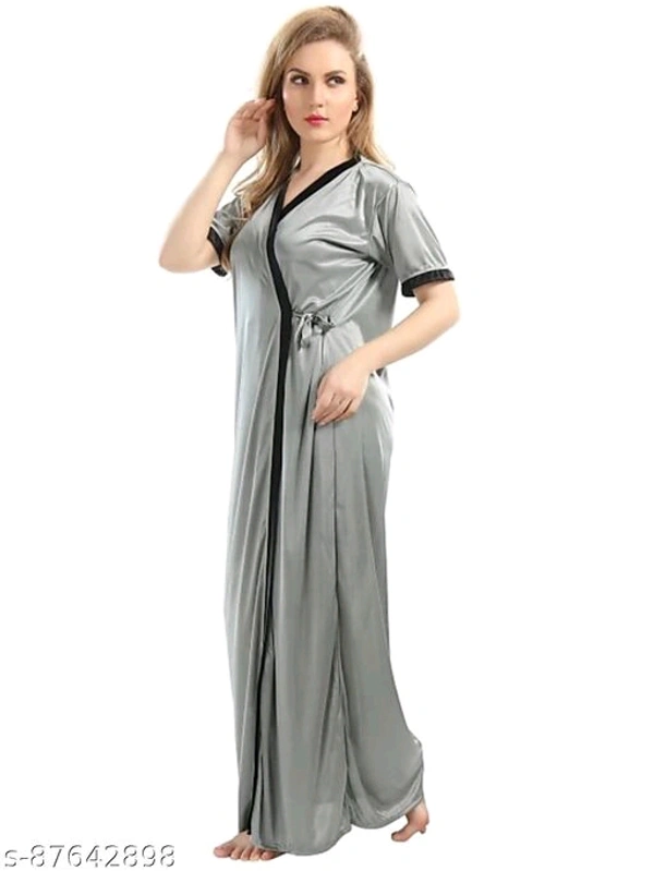 Jerry Nightwear Fancy Solid Satin Short Nighty with Shrug for Women (Maroon) - Grey, Free Size