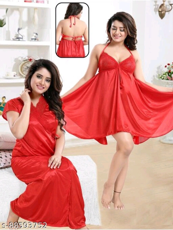Jerry Nightwear Fancy Solid Satin Short Nighty with Shrug for Women (Maroon) - Free Size, Red