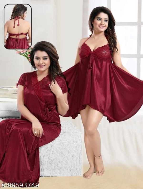 Jerry Nightwear Fancy Solid Satin Short Nighty with Shrug for Women (Maroon) - Free Size, marron