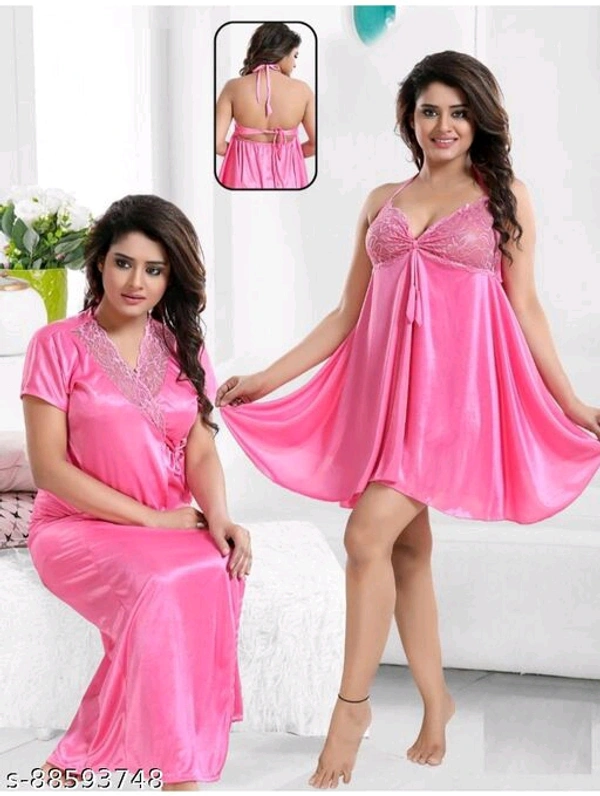 Jerry Nightwear Fancy Solid Satin Short Nighty with Shrug for Women (Maroon) - Free Size, pink