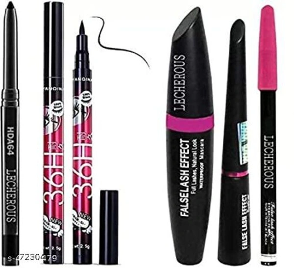 Black waterproof ,Smudge proof HDA64 Makeup Beauty Kajal & Yanqina High Quality Waterproof Liquid-Eye Liner 36H No Smudge Suitable For Contact Lens Users 3 g Deep Black & 3in1 Eyeliner , Mascara , Eyebrow Pencil (5 Items in the set) (5 Items in the set) 1 ml  (black) - Free size