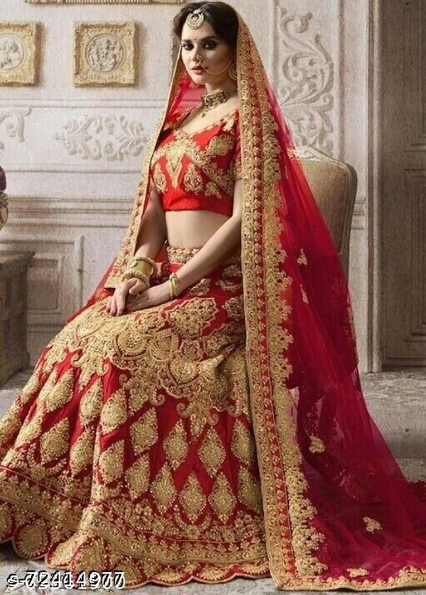 Embroidery Work Navy Blue Colour Lehenga Choli - Red , Free size