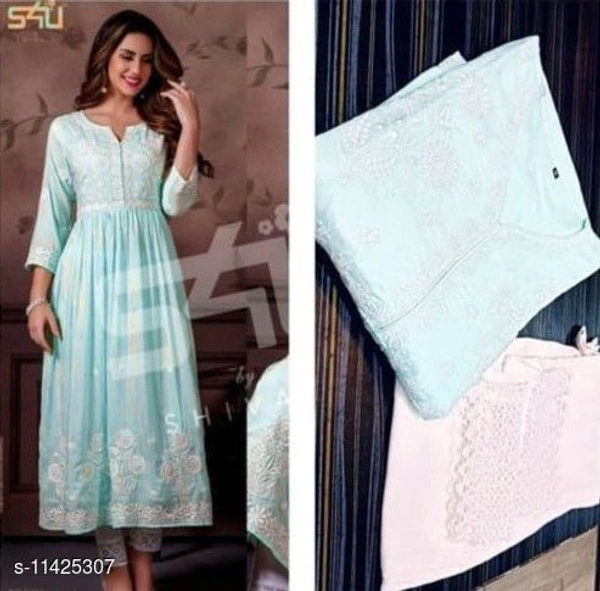 Women Rayon A-line Embroidered Long Kurti With Palazzos - Sky Blue, M 