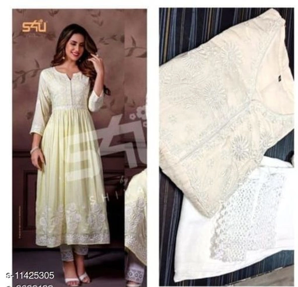Women Rayon A-line Embroidered Long Kurti With Palazzos - White , XL 
