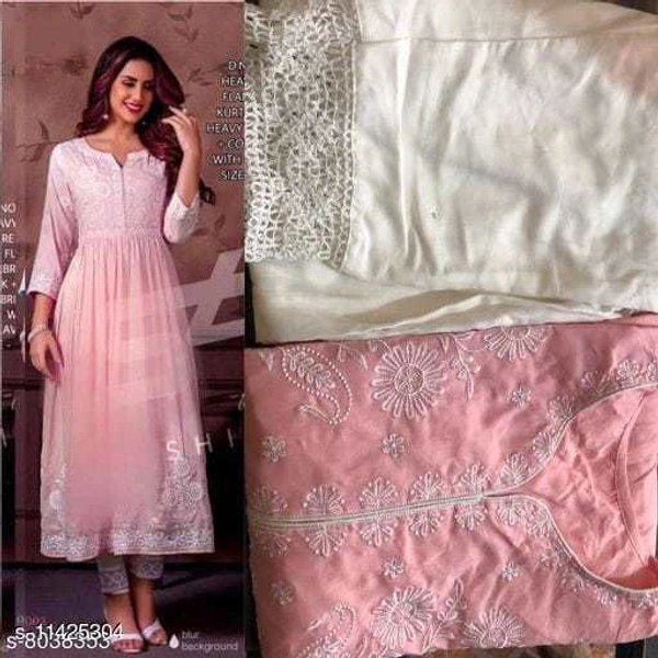 Women Rayon A-line Embroidered Long Kurti With Palazzos - pink , XXL 