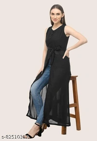 Madhav Fashion World Black Georgette Front Slit Kurtis - Black, L 