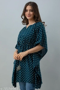 Stylish Rayon Printed Navy Blue women Kaftan Top - Nevy Blue , S