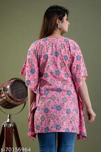 Stylish Rayon Printed Navy Blue women Kaftan Top - pink , M 
