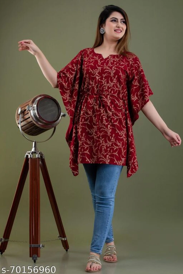 Stylish Rayon Printed Navy Blue women Kaftan Top - Maroon , L 