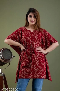 Stylish Rayon Printed Navy Blue women Kaftan Top - Maroon , L 