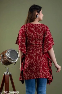 Stylish Rayon Printed Navy Blue women Kaftan Top - Maroon , L 