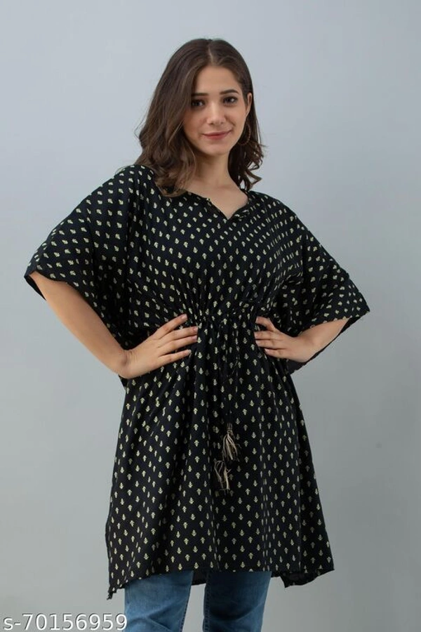 Stylish Rayon Printed Navy Blue women Kaftan Top - black , L 