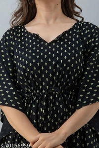 Stylish Rayon Printed Navy Blue women Kaftan Top - black , L 