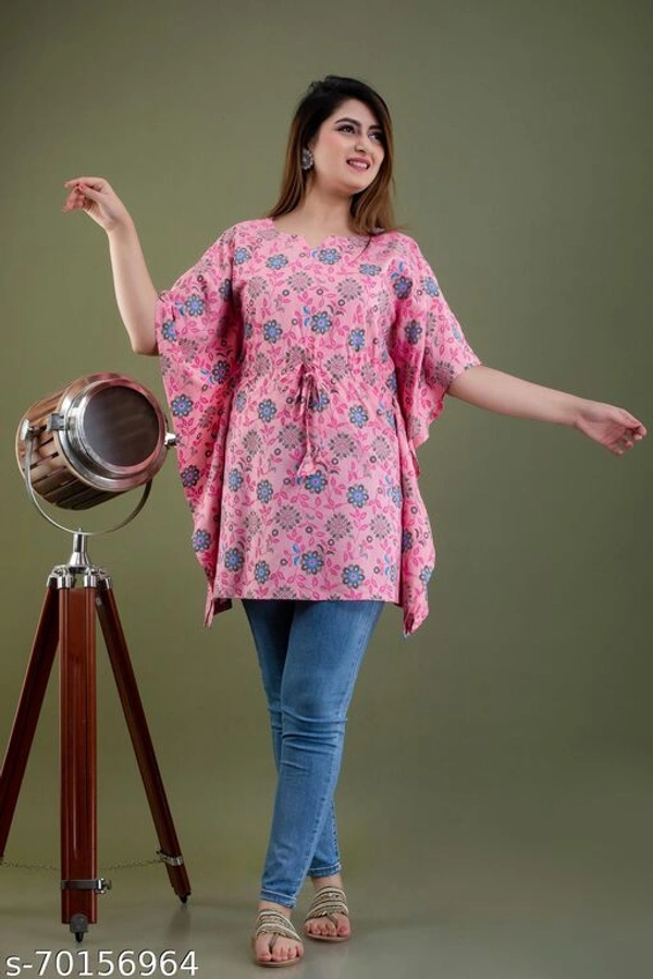 Stylish Rayon Printed Navy Blue women Kaftan Top - pink , XL 